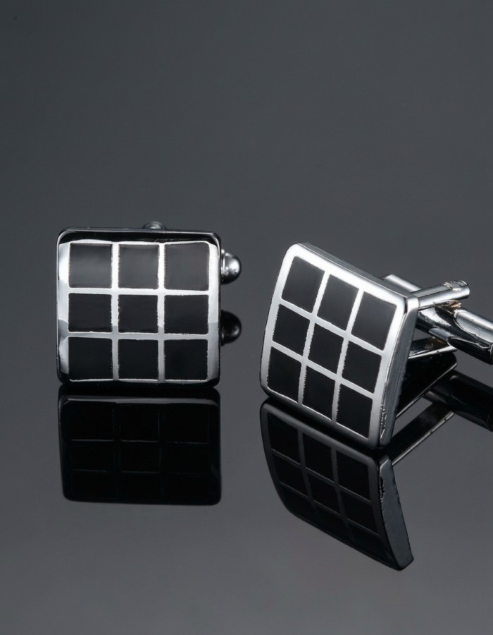 Square Black Cufflinks with Grid