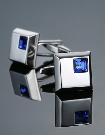 Square Metal Cufflinks with Blue Crystal